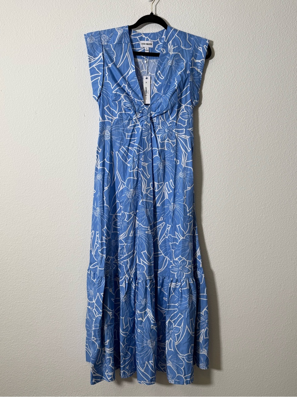Steve Madden Amanda Midi Dress Blue White Floral Print Cotton Ruffle Hem NWT S